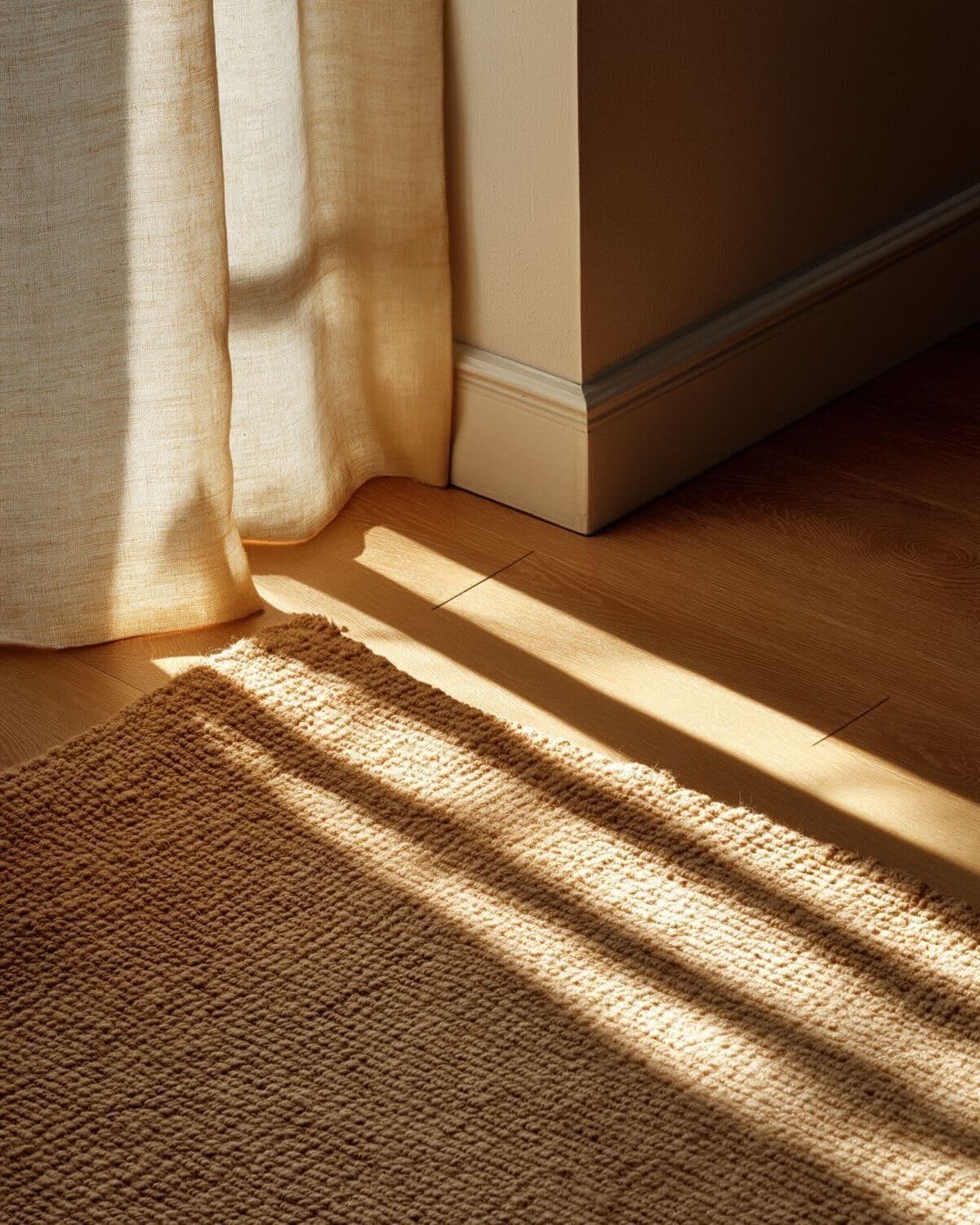 Lumière douce traversant un rideau de lin avec un tapis tissé